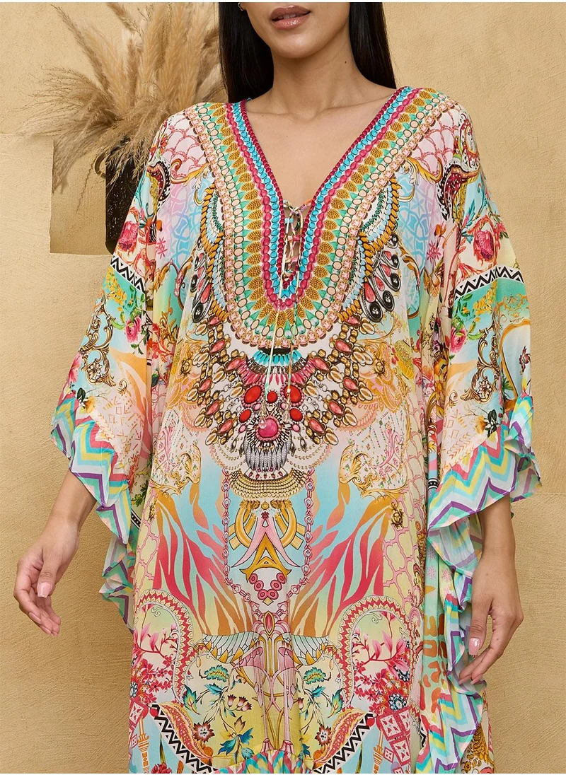كوتور لابس Yellow Pink Printed Edge Detail Kaftan