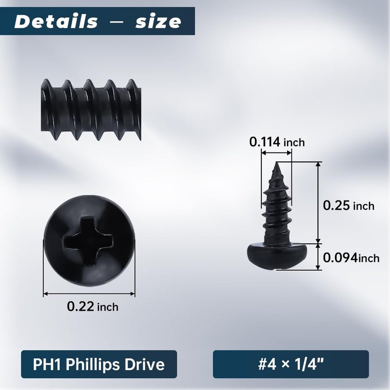 Glvaner #4 x 1/4 inch Phillips Pan Head Self Tapping Screws for Wood, Black Coated, 304 Stainless Steel 18-8, Round Head Sheet Metal Tek Screws, 100 pcs - Image 3