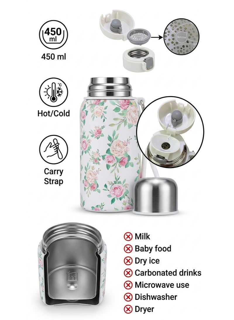 Real Baby 450 ml Vacuum Insulated Bottle, Floral, Stainless Steel, Carry Strap - Image 2