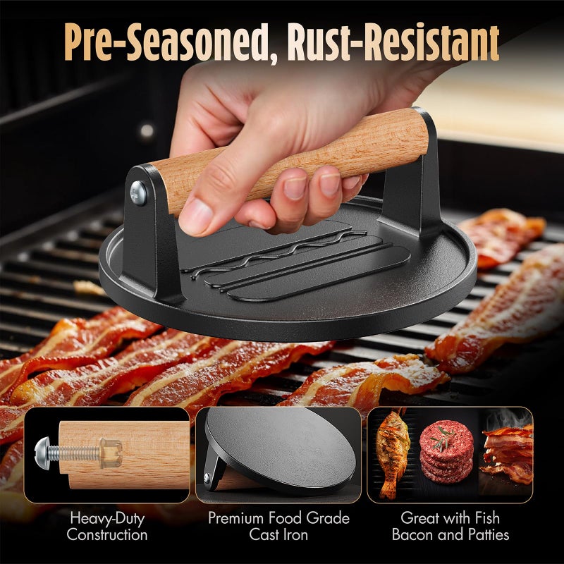 Pisol Smash Burger Press, Pre-Seasoned Cast Iron Hamburger Smasher, 2 lb Heavy-Duty Grill Bacon Meat Press Tool with Wood Handle, 6.6â€ - Image 2