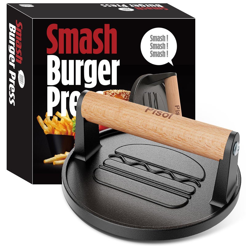 Pisol Smash Burger Press, Pre-Seasoned Cast Iron Hamburger Smasher, 2 lb Heavy-Duty Grill Bacon Meat Press Tool with Wood Handle, 6.6â€ - Image 1