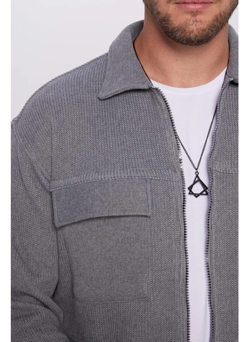 Tudors Relax Fit Relaxed Cut Double Pocket Zippered Gray Knitted Shirt