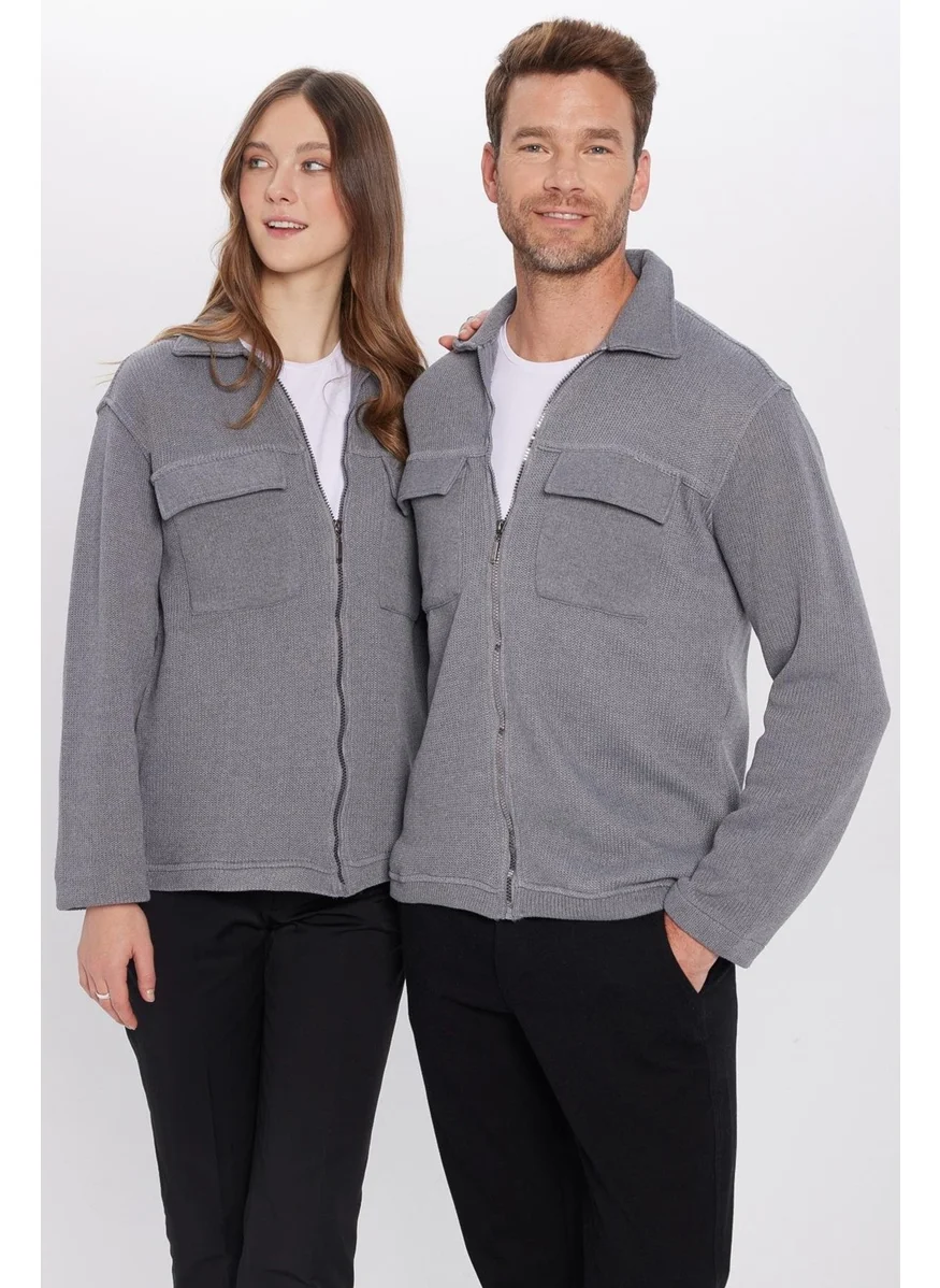 Tudors Relax Fit Relaxed Cut Double Pocket Zippered Gray Knitted Shirt