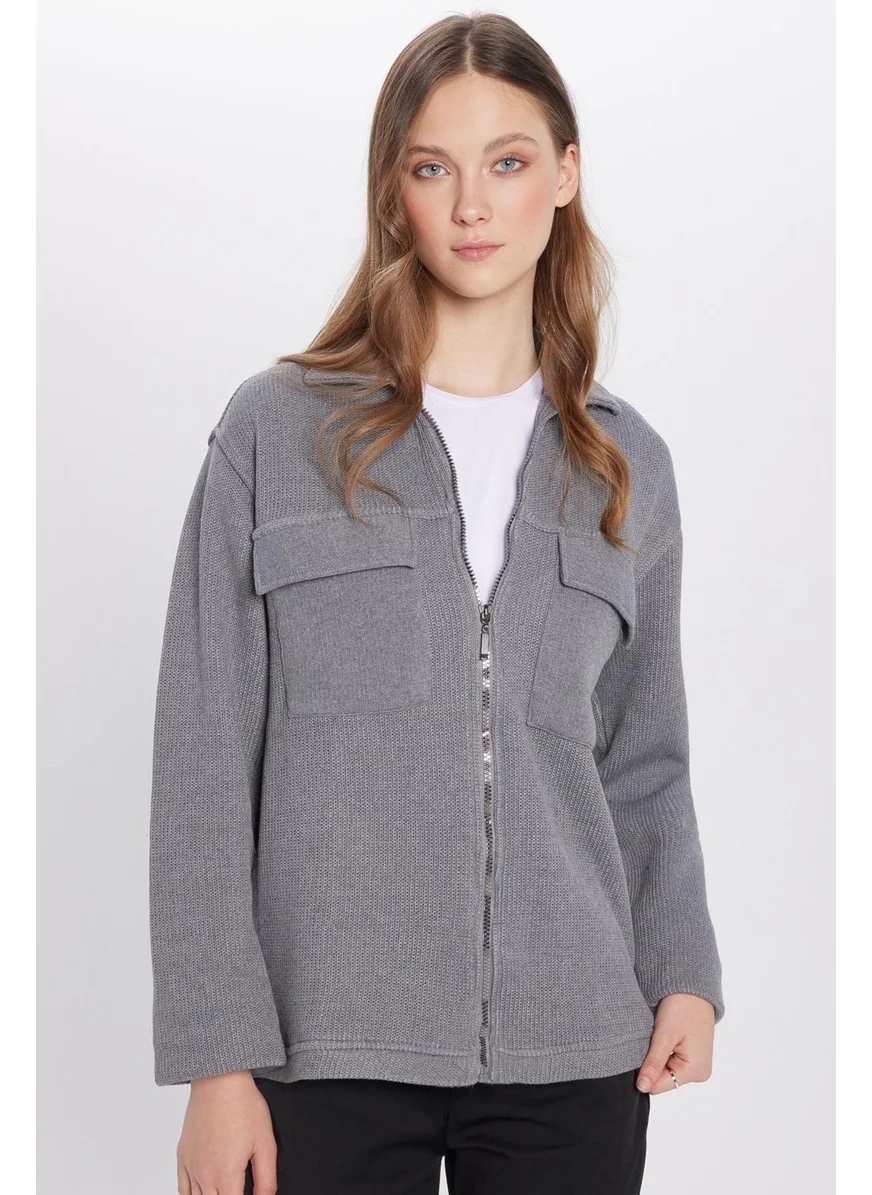 Tudors Relax Fit Relaxed Cut Double Pocket Zippered Gray Knitted Shirt