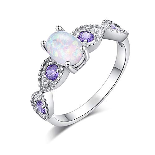 CiNily خاتم CiNily White Fire Opal Amethyst للنساء مجوهرات خاتم حجري فضة مطلية مقاس 7 - Image 1