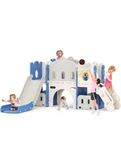 Rainbow Toys Lischwert 7 in 1 Kids Slide for Toddler with Climber, Basketball Hoop, Climber Hole, Aisle and Storage Space, Kids Freestanding Slide Playset Gift for Toddlers Both Indoors Outdoor Use(Blue& Grey)  - Image 1