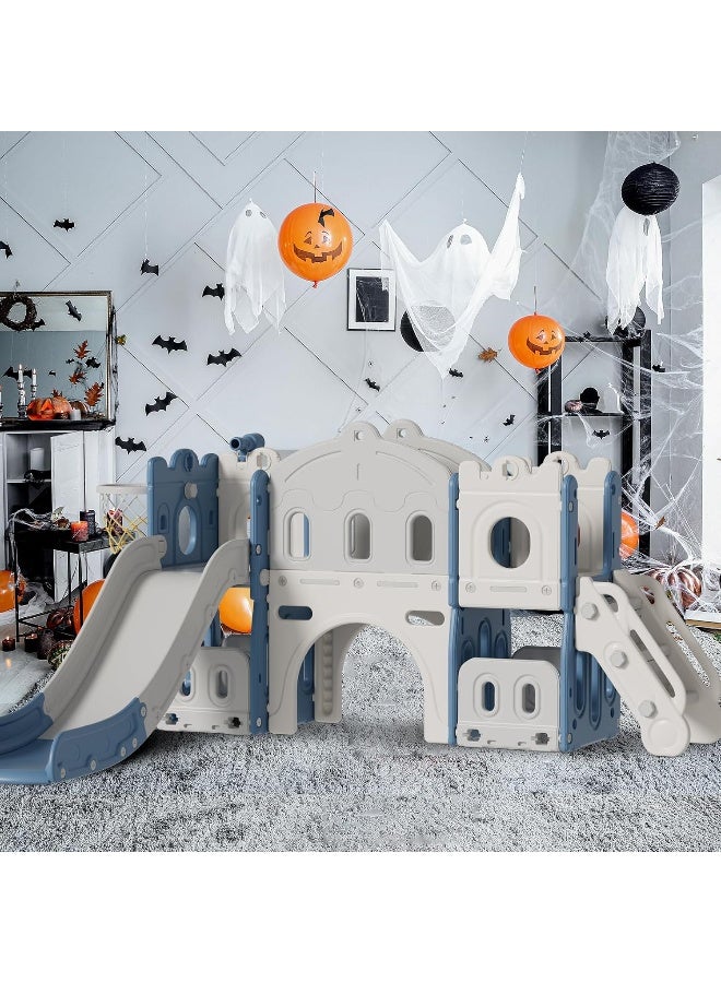 Rainbow Toys Lischwert 7 in 1 Kids Slide for Toddler with Climber, Basketball Hoop, Climber Hole, Aisle and Storage Space, Kids Freestanding Slide Playset Gift for Toddlers Both Indoors Outdoor Use(Blue& Grey) - Image 2