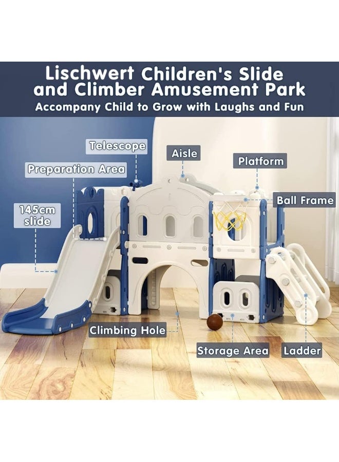 Rainbow Toys Lischwert 7 in 1 Kids Slide for Toddler with Climber, Basketball Hoop, Climber Hole, Aisle and Storage Space, Kids Freestanding Slide Playset Gift for Toddlers Both Indoors Outdoor Use(Blue& Grey) - Image 4