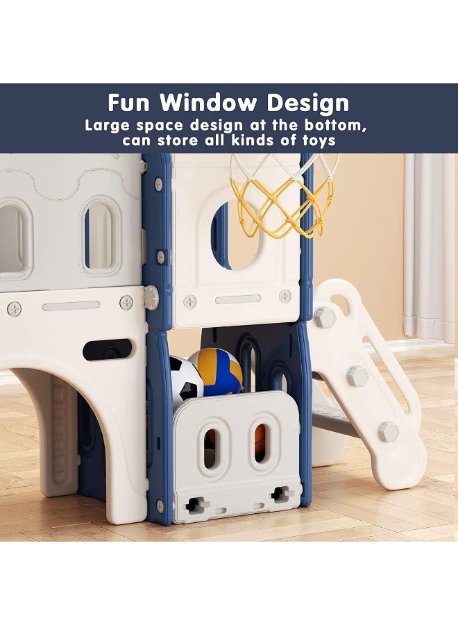 Rainbow Toys Lischwert 7 in 1 Kids Slide for Toddler with Climber, Basketball Hoop, Climber Hole, Aisle and Storage Space, Kids Freestanding Slide Playset Gift for Toddlers Both Indoors Outdoor Use(Blue& Grey) - Image 5
