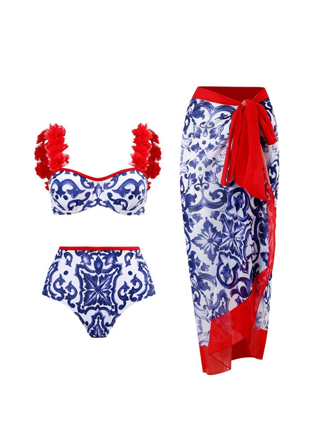 Loquat 【European And American Vacation Swimsuit Women's Three-piece Suit】 Retro Digital Printing Noble Split Bikini Gauze Skirt Swimming Suit-Color:Blue And White Porcelain Bikini- - Image 5