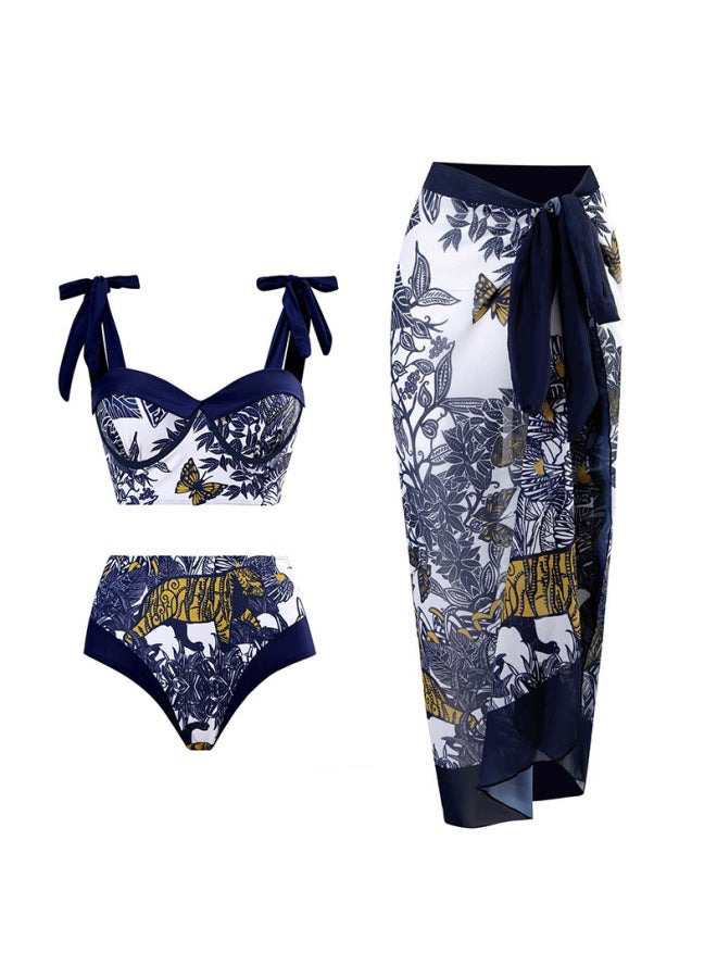 Loquat 【European And American Vacation Swimsuit Women's Three-piece Suit】 Retro Digital Printing Noble Split Bikini Gauze Skirt Swimming Suit-Color:Blue And White Porcelain Bikini- - Image 4
