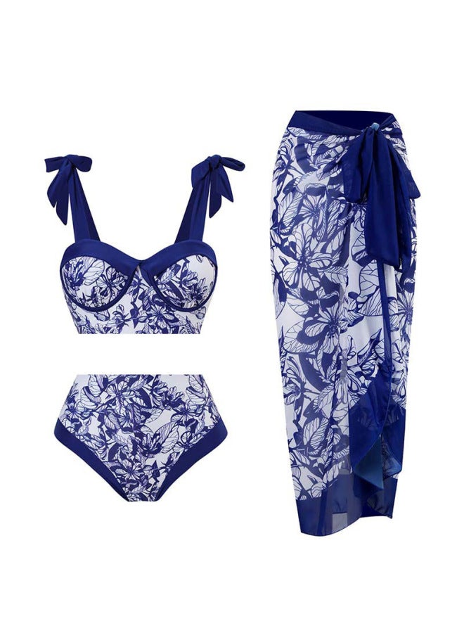 Loquat 【European And American Vacation Swimsuit Women's Three-piece Suit】 Retro Digital Printing Noble Split Bikini Gauze Skirt Swimming Suit-Color:Blue And White Porcelain Bikini- - Image 3