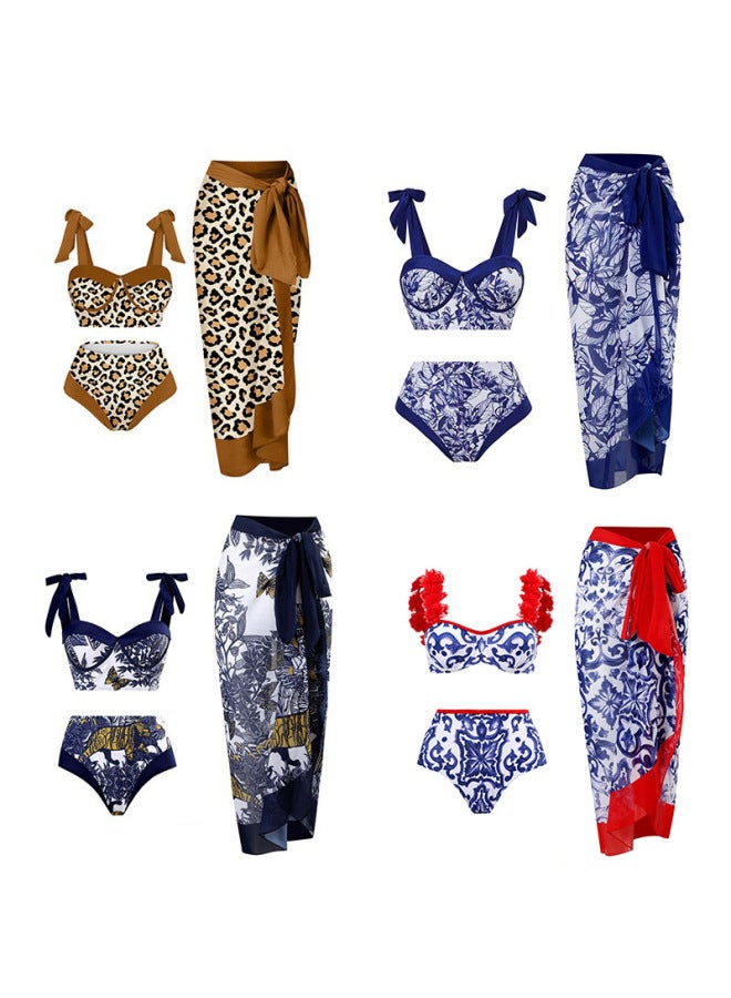 Loquat 【European And American Vacation Swimsuit Women's Three-piece Suit】 Retro Digital Printing Noble Split Bikini Gauze Skirt Swimming Suit-Color:Blue And White Porcelain Bikini- - Image 2