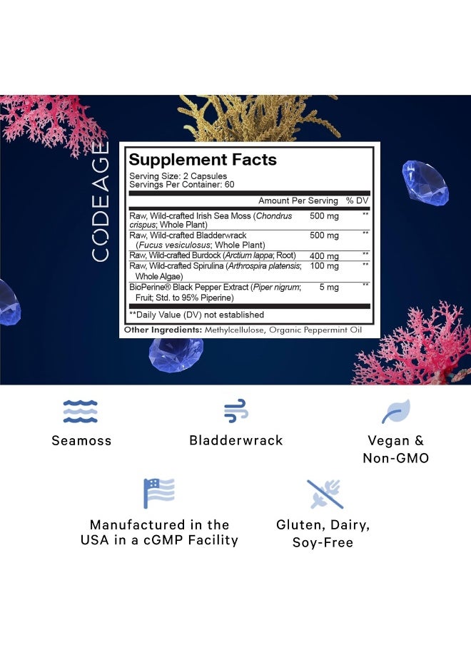 Codeage - Raw Wildcrafted Irish Sea Moss Supplement, Spirulina Algae, Bladderwrack Seaweed, Burdock Root, Black Pepper, Vegan, Non-Gmo, 120 Capsules - Image 1