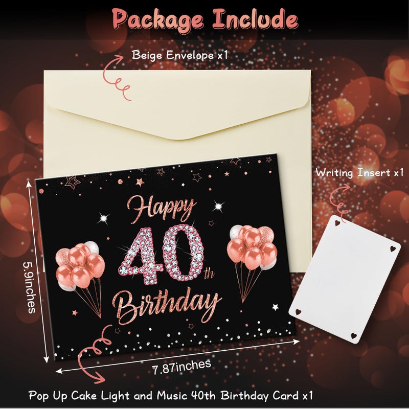 Uiorgui 40th Birthday Cards for Women, Pop Up Cake Blow Out Candle Fireworks Light and Music Black Rose Gold Happy 40th Birthday Card Gift for Women, Sister, Wife, Mom, Friends - Image 5