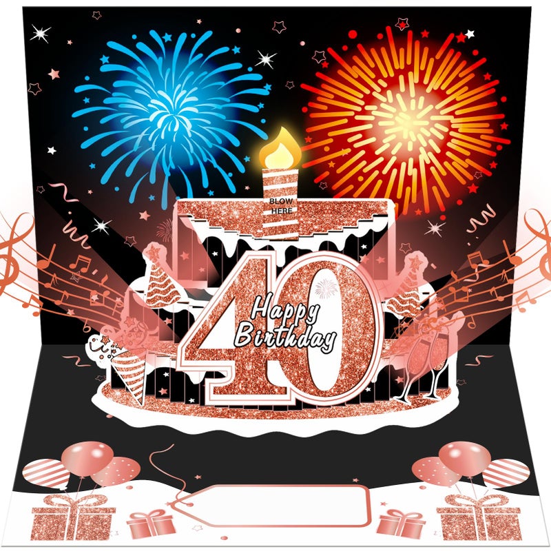 Uiorgui 40th Birthday Cards for Women, Pop Up Cake Blow Out Candle Fireworks Light and Music Black Rose Gold Happy 40th Birthday Card Gift for Women, Sister, Wife, Mom, Friends - Image 1