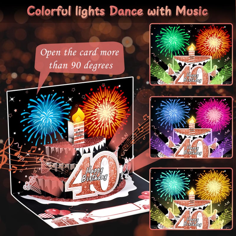 Uiorgui 40th Birthday Cards for Women, Pop Up Cake Blow Out Candle Fireworks Light and Music Black Rose Gold Happy 40th Birthday Card Gift for Women, Sister, Wife, Mom, Friends - Image 2
