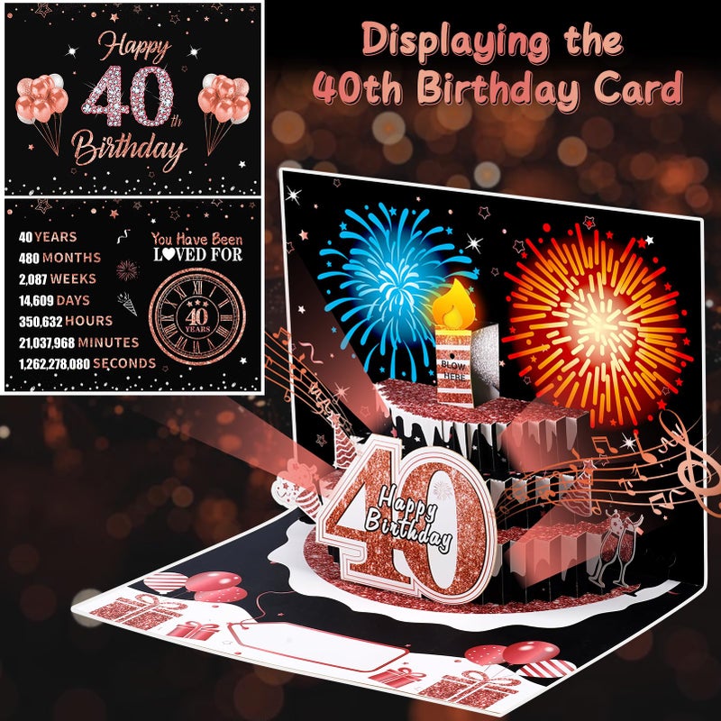 Uiorgui 40th Birthday Cards for Women, Pop Up Cake Blow Out Candle Fireworks Light and Music Black Rose Gold Happy 40th Birthday Card Gift for Women, Sister, Wife, Mom, Friends - Image 3
