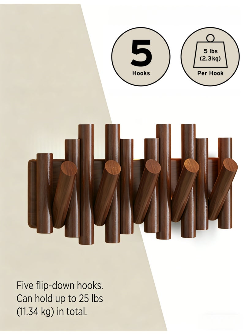 Creative Design Wall-Mounted Solid Wood Hook Rack – 5 Hooks, No-Drill Installation, Walnut Finish, Stylish Space-Saving Storage for Entryway, Living Room, Bedroom, Kitchen & Bathroom - Image 3
