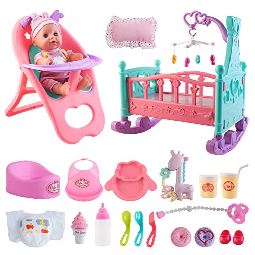 deAO 12 Baby Doll Play Set with Crib Mobile High Chair Feeding Accessories Interactive Dolls for Girls Kids Pretend Play Baby Dolls 21 PCS - Image 1