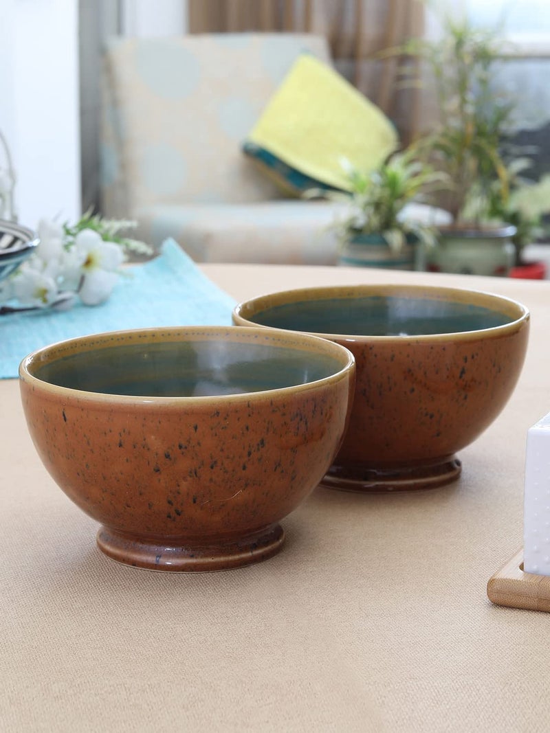 miah decor Handcrafted & Double Glazed Ceramic Serving Bowl-Brown & Green- Set of 2 Microwave & Dishwasher Safe - Image 1