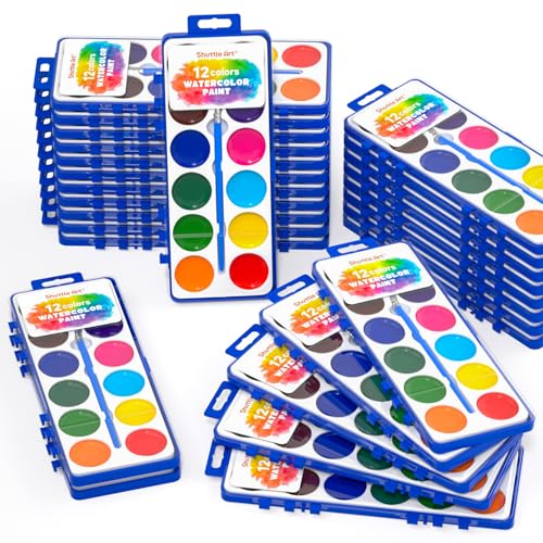 Shuttle Art 30 Pack Watercolor Paint Set Bulk, 12 Colors Watercolor Paint Set bulk with Paint Brushes for Kids and Adults, Washable Paint for Classroom, Parties, Kindergarten and Art Activities - Image 1