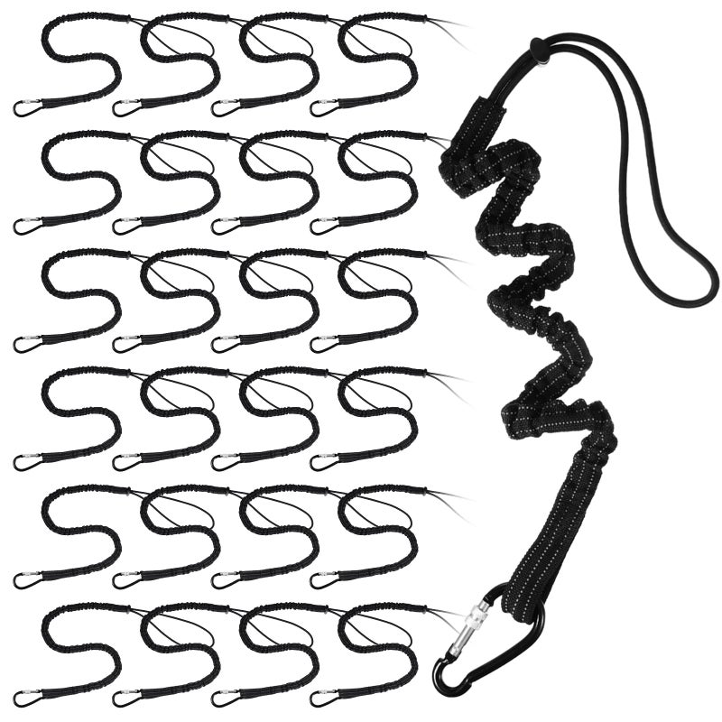 LEIFIDE 24 Pcs Tool Lanyard Standard Length Safety Tool Leash 176lb 8kg Tough Adjustable Fall Protection Tether with Aluminum Screw Lock Buckle Shock Cord Stopper and Retractable Loop End Black