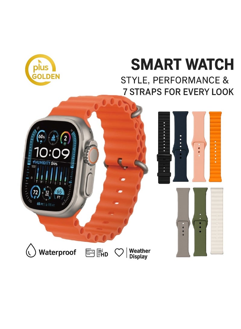 GOLDEN PLUS SMART WATCH 7+1 AMOLED DISPLAY With Health Fitness Tracker Sport Watch  , 7 addition Replacement Band 49MM - Image 1