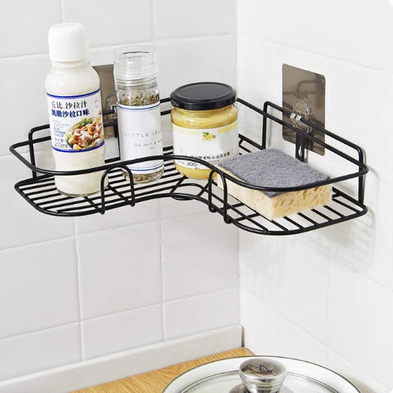Kienlix Kienlix Wrought Iron Kitchen Tripod Bathroom Corner Storage Shelves and Racks Wall Mounted Durable Shower Caddy Organizer Rack Adhesive Hook (Black, 36x26.7x6 cm) - Image 1