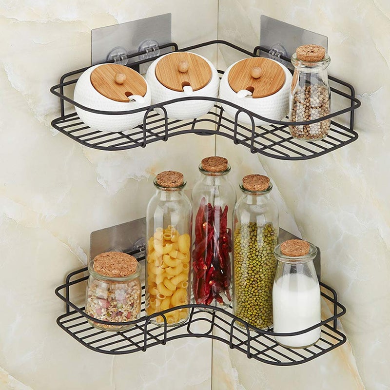 Kienlix Kienlix Wrought Iron Kitchen Tripod Bathroom Corner Storage Shelves and Racks Wall Mounted Durable Shower Caddy Organizer Rack Adhesive Hook (Black, 36x26.7x6 cm) - Image 4