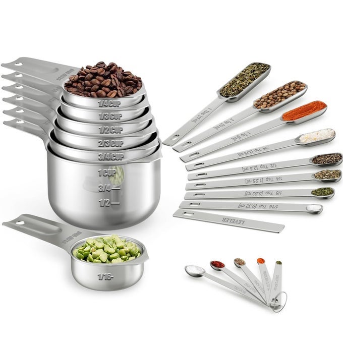 MEASURING CUPS SPOONS SET OF 21 INCLUDES 7 STAINLESS STEEL NESTING CUPS 8 MEASURING SPOONS 1 LEVELER 5 MINI MEASURING SPOONS IDEAL FOR DRY AND LIQUID INGREDIENTS