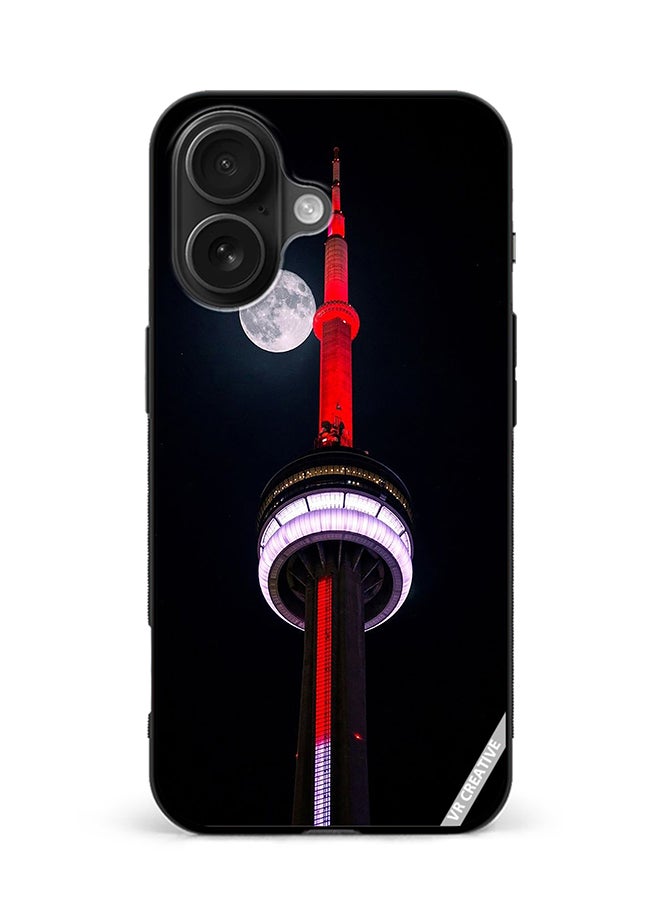 غطاء حماية لجهاز آبل آيفون 16 تصميم برج CN مضيء باللون الأحمر متعدد الألوان