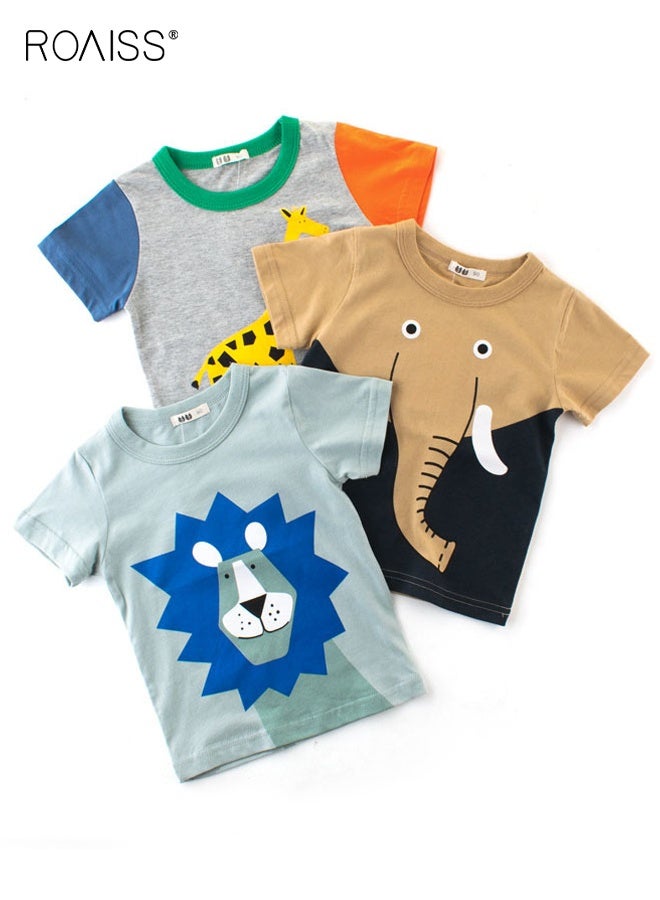 roaiss 3PCS Summer T-shirt Set, Boys Short Sleeve Cotton Tops with Animal Prints, Stylish Unique T shirt for Boys, Suitable for Daily Wear or Any Occasion - Image 1