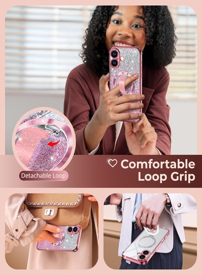 Silverback for iPhone 16 Case with Soft Silicone Grip and O-Ring Stand Compatible with Magsafe, Women Girls Bling Sparkly Protective Phone Case Cover, Clear Glitter Rose Gold - Image 3