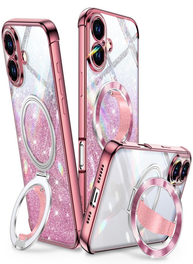 Silverback for iPhone 16 Case with Soft Silicone Grip and O-Ring Stand Compatible with Magsafe, Women Girls Bling Sparkly Protective Phone Case Cover, Clear Glitter Rose Gold - Image 1