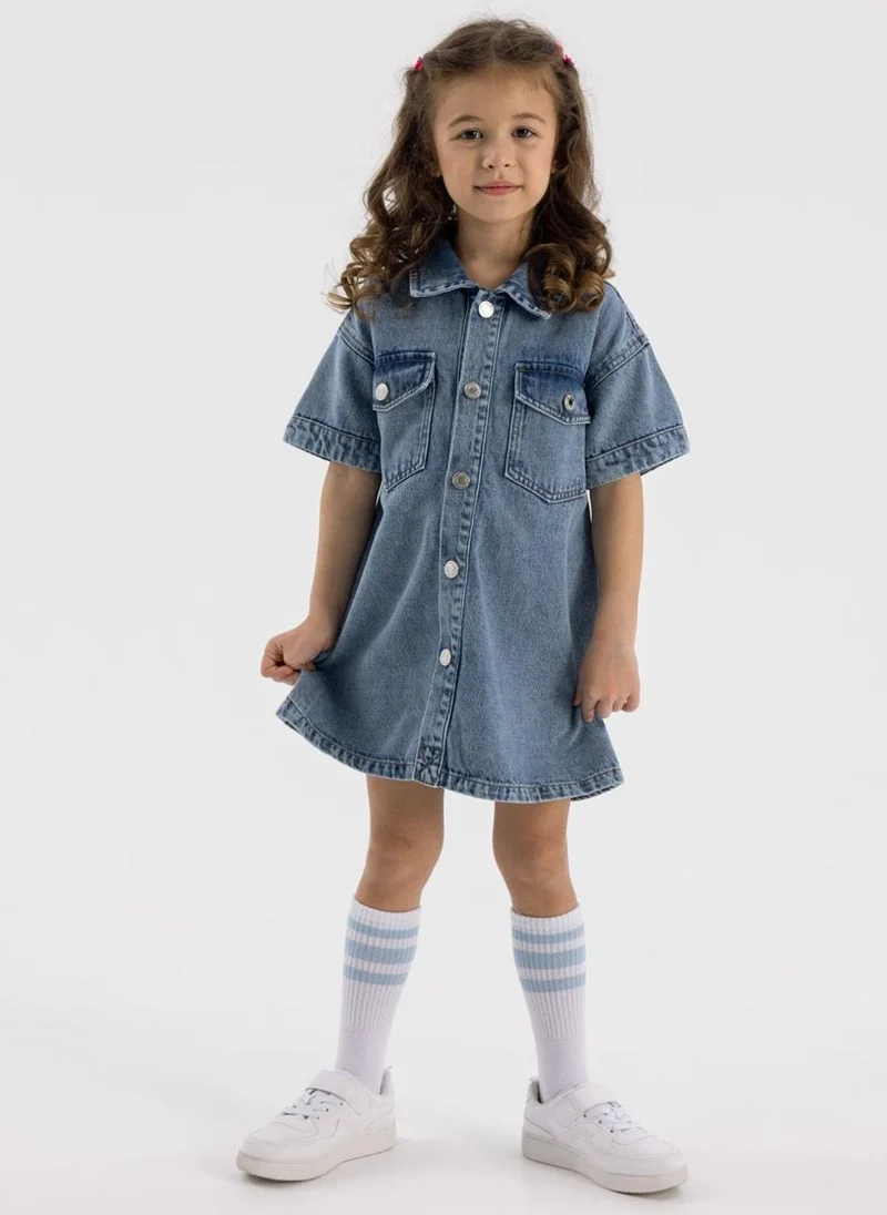 MINOTI Kids Girls Short Sleeve Collared Denim Dress