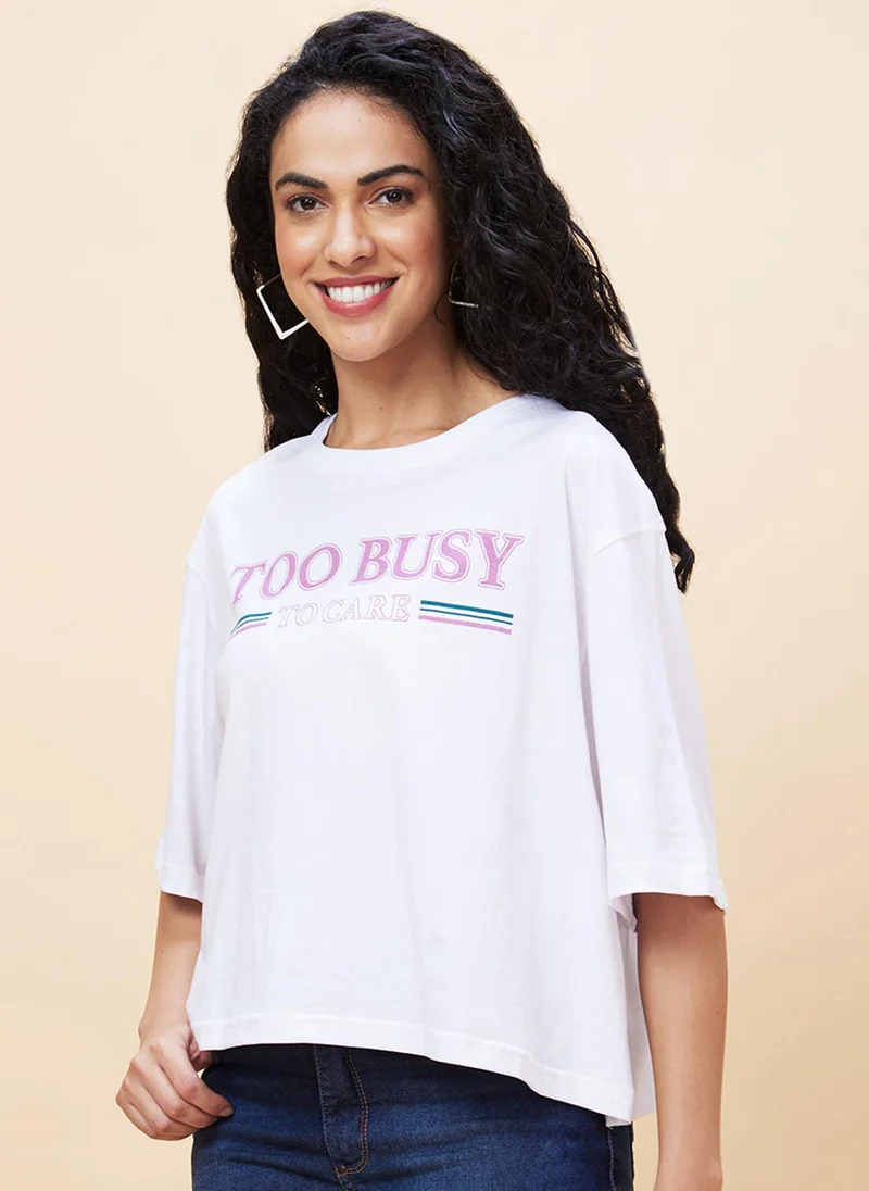 globus Globus Women Typography Printed Casual Knitted Pure Cotton Oversized T-Shirt