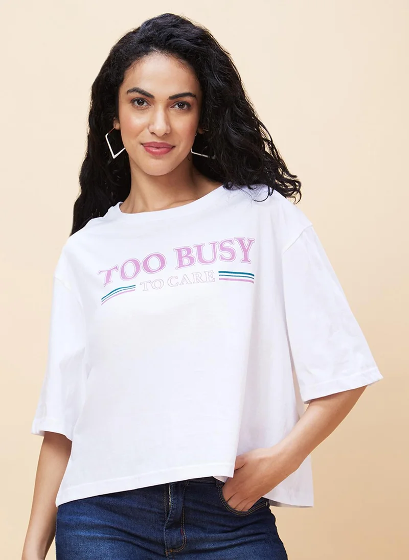 globus Globus Women Typography Printed Casual Knitted Pure Cotton Oversized T-Shirt