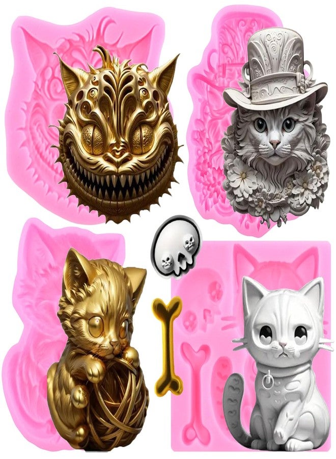 Mujiang Cat Silicone Fondant Molds Cat Head Bone Molds For Cake Decorating Chocolate Gum Paste Candy Polymer Clay Set Of 4 - Image 1
