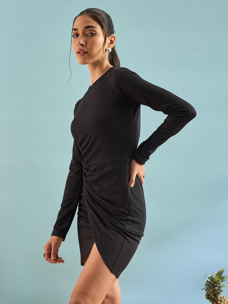 بانيت فستان قصير (Bodycon) مضلّع لتقسيم الجسم - أسود كلاسيكي - Image 3