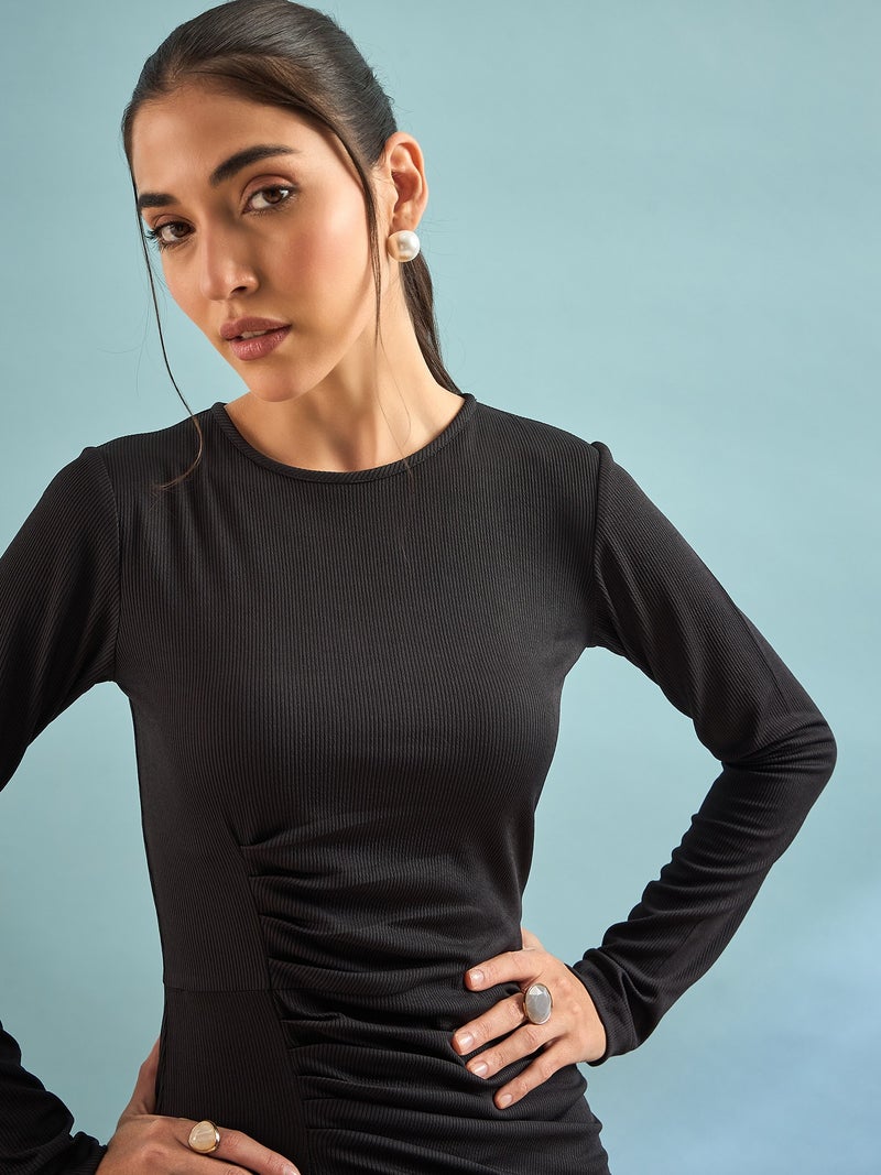 بانيت فستان قصير (Bodycon) مضلّع لتقسيم الجسم - أسود كلاسيكي - Image 3