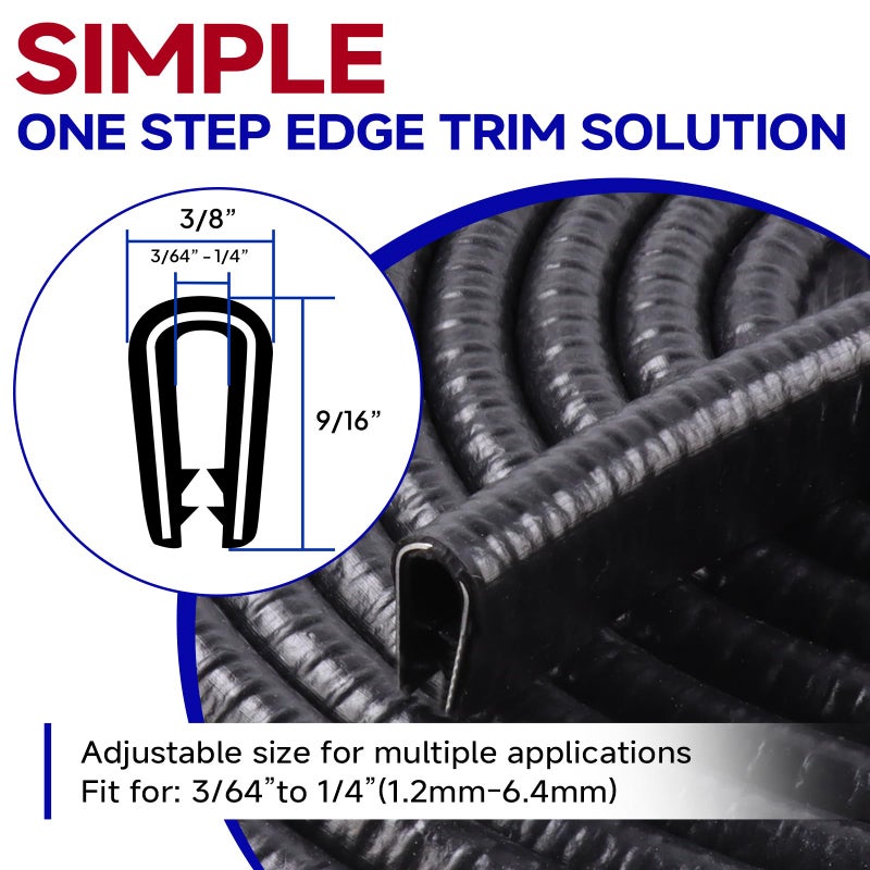 EdgeSeal Rubber Edge Trim, U Channel Edge Trim with Metal Clips Edge Guard Protector, PVC Rubber Seal Strip for Sheet Metal, Car Doors, Hatches, Table Corners, Fit 3/64" to 1/4"(1.2mm-6.4mm), 10Ft, Black - Image 2
