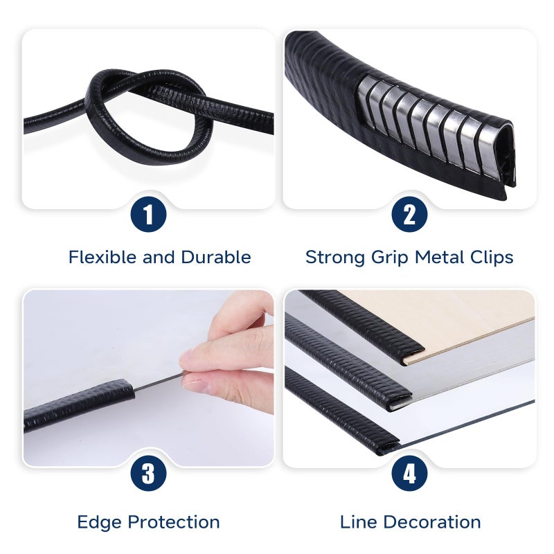 EdgeSeal Rubber Edge Trim, U Channel Edge Trim with Metal Clips Edge Guard Protector, PVC Rubber Seal Strip for Sheet Metal, Car Doors, Hatches, Table Corners, Fit 3/64" to 1/4"(1.2mm-6.4mm), 10Ft, Black - Image 4