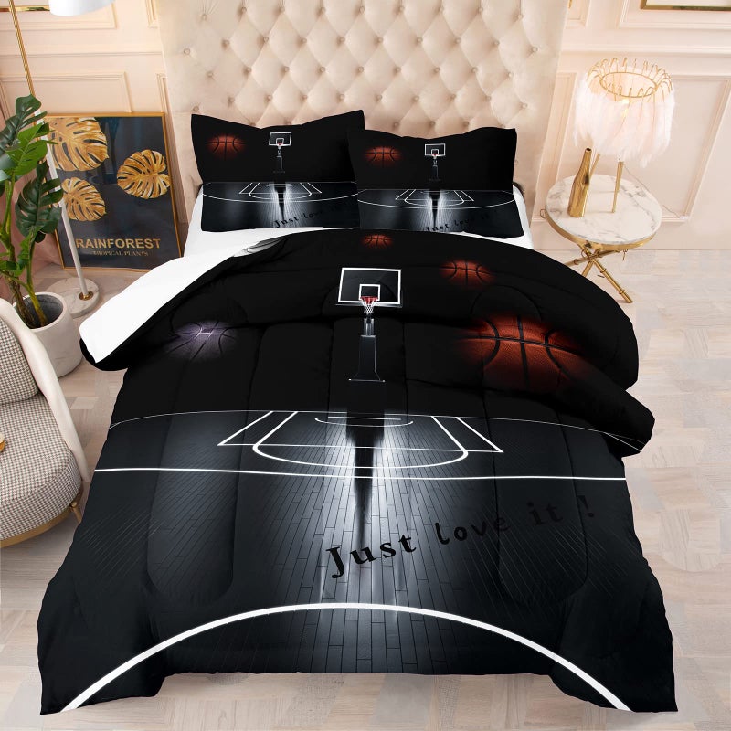 Tailor Shop Sports Basketball Comforter Set for Boys Teens Men Black Basketball Court Comforter Basketball Quilt Bedding Set Soft Lightweight Microfiber Full Size with 1 Comforter 2 Pillowcases