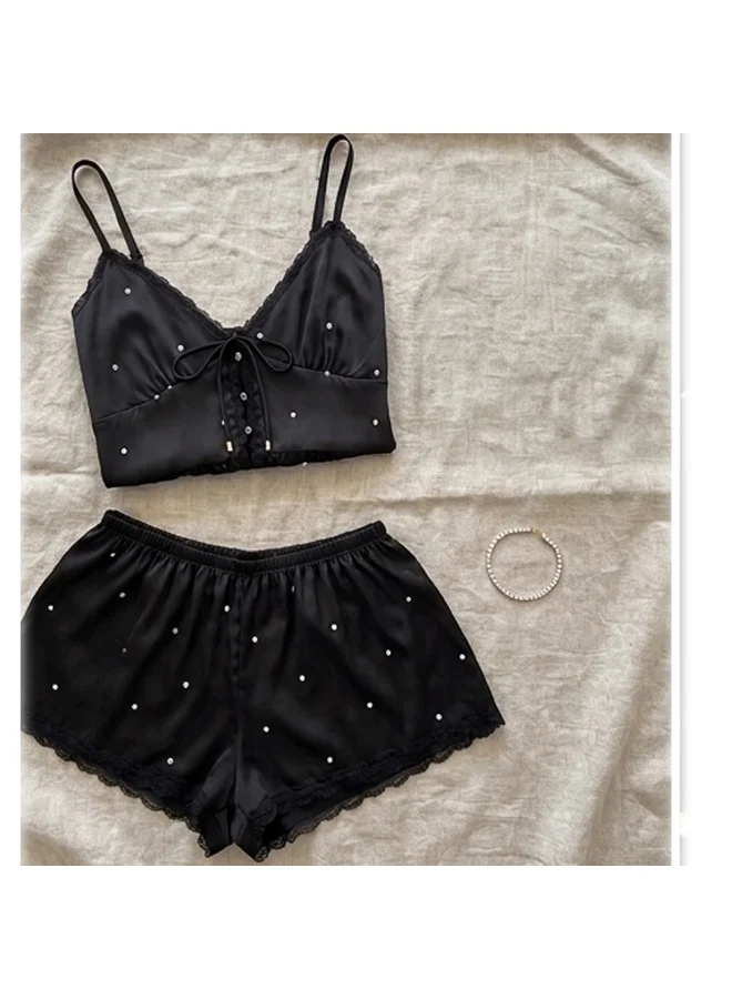 Caprisious  Rhinestone Embellished Satin Camisole & Lace-Trim Shorts Set for Women | Best Price UAE