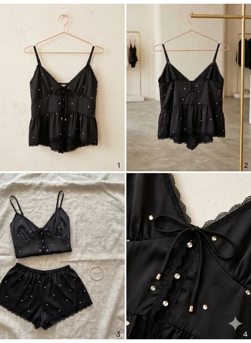 Caprisious  Rhinestone Embellished Satin Camisole & Lace-Trim Shorts Set for Women | Best Price UAE