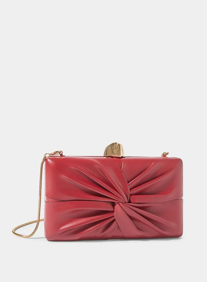 Burgundy Ruched Hardcase Clutch with Chain Strap