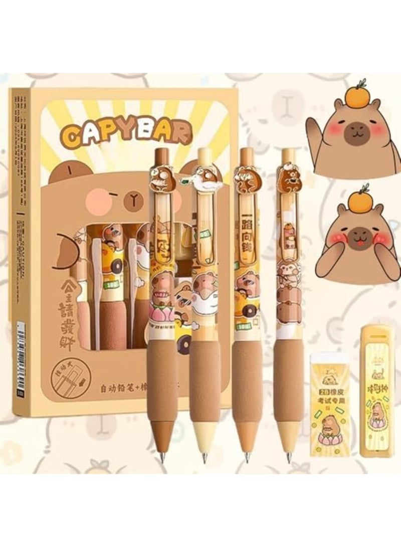 SYOSI 4 قطع أقلام ميكانيكية كابيبارا مع ممحاة ونواة رصاص، أقلام مدرسية كابيبارا لطيفة 0.5 مم، أقلام كابيبارا كرتونية محمولة مع قبضة ناعمة، مثالية للأطفال والطلاب واستخدام المكتب - Image 1