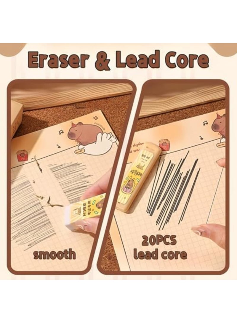 SYOSI 4 قطع أقلام ميكانيكية كابيبارا مع ممحاة ونواة رصاص، أقلام مدرسية كابيبارا لطيفة 0.5 مم، أقلام كابيبارا كرتونية محمولة مع قبضة ناعمة، مثالية للأطفال والطلاب واستخدام المكتب - Image 3