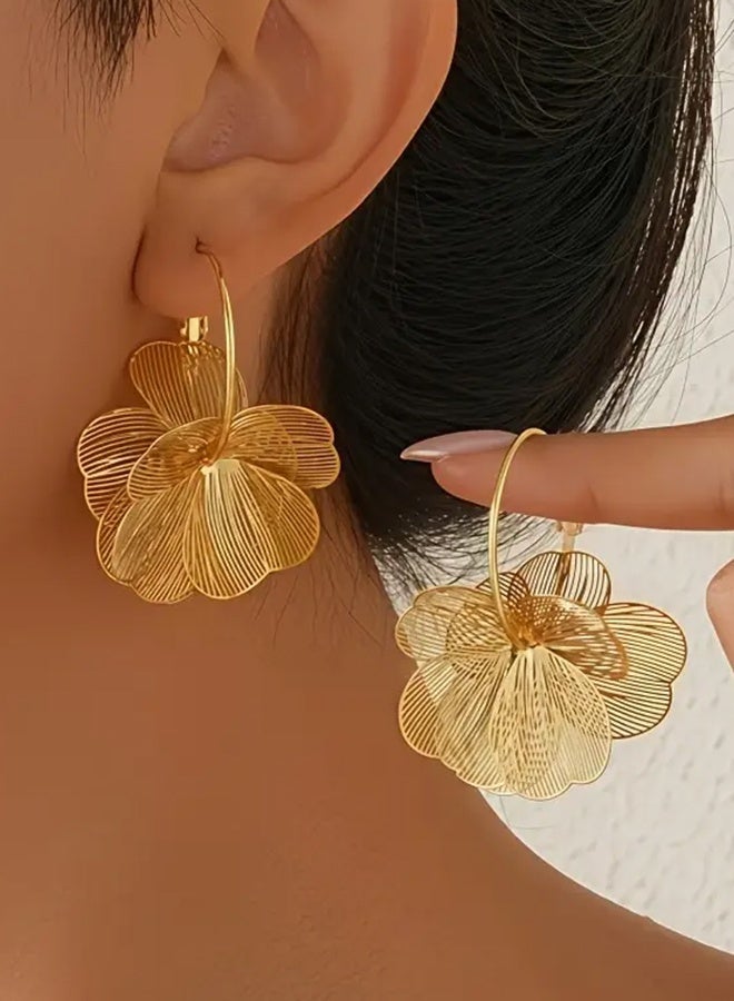 Ready For Chai Pair of Vintage Elegant Double Layer 3D Floral Petal Earrings - KC Golden Plated Statement Jewelry for Women, Perfect for Daily Wear & Parties, Year-Round Timeless Accessories, Party Accessories, Sophisticated Style, Intricate Detailing, Fashion Enthusiasts - Image 1